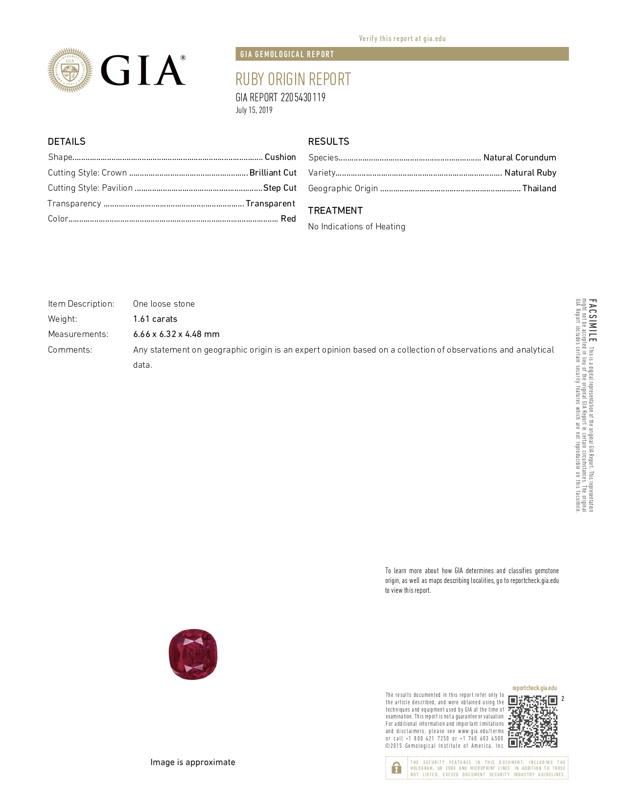 1.61 Ruby, Cushion, Red, Thailand, No Heat GIA