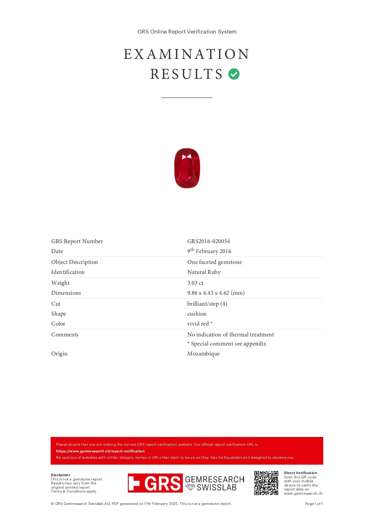 3.03 Ruby Cushion Modified Vivid Red Mozambique NH