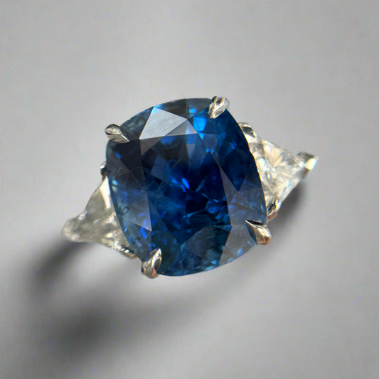 16.55 Cushion Sapphire 2.00 ctw.  Burma, AGL NH, Trillion Sides Platinum Estate Cocktail Ring GIA