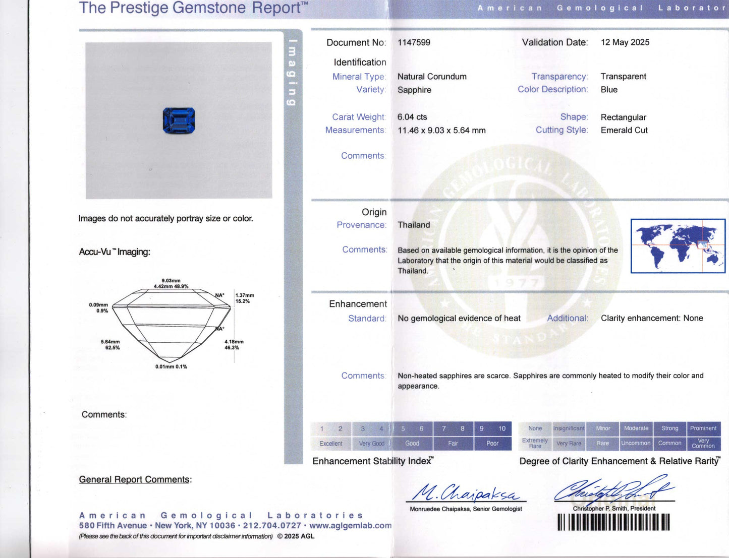6.04 Emerald Cut Sapphire Blue Thailand NH