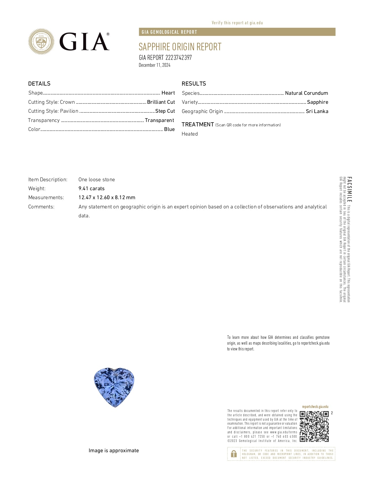 9.42 Heart Shape Sapphire Sri Lanka GIA Heated