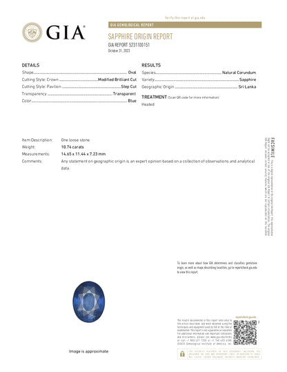 10.74 Sapphire, Oval, Blue, Sri Lanka Heated GIA