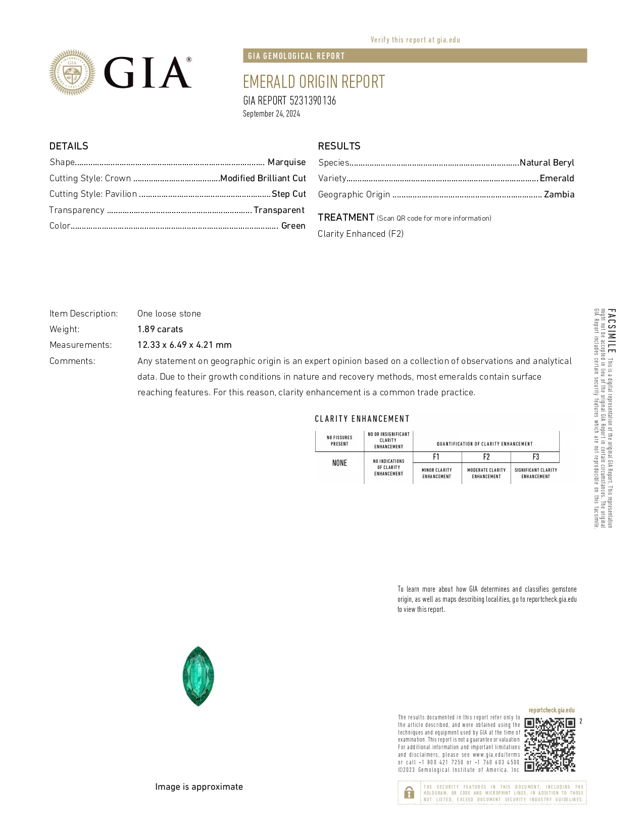 1.89 Emerald Marquise Green Zambia F2 GIA