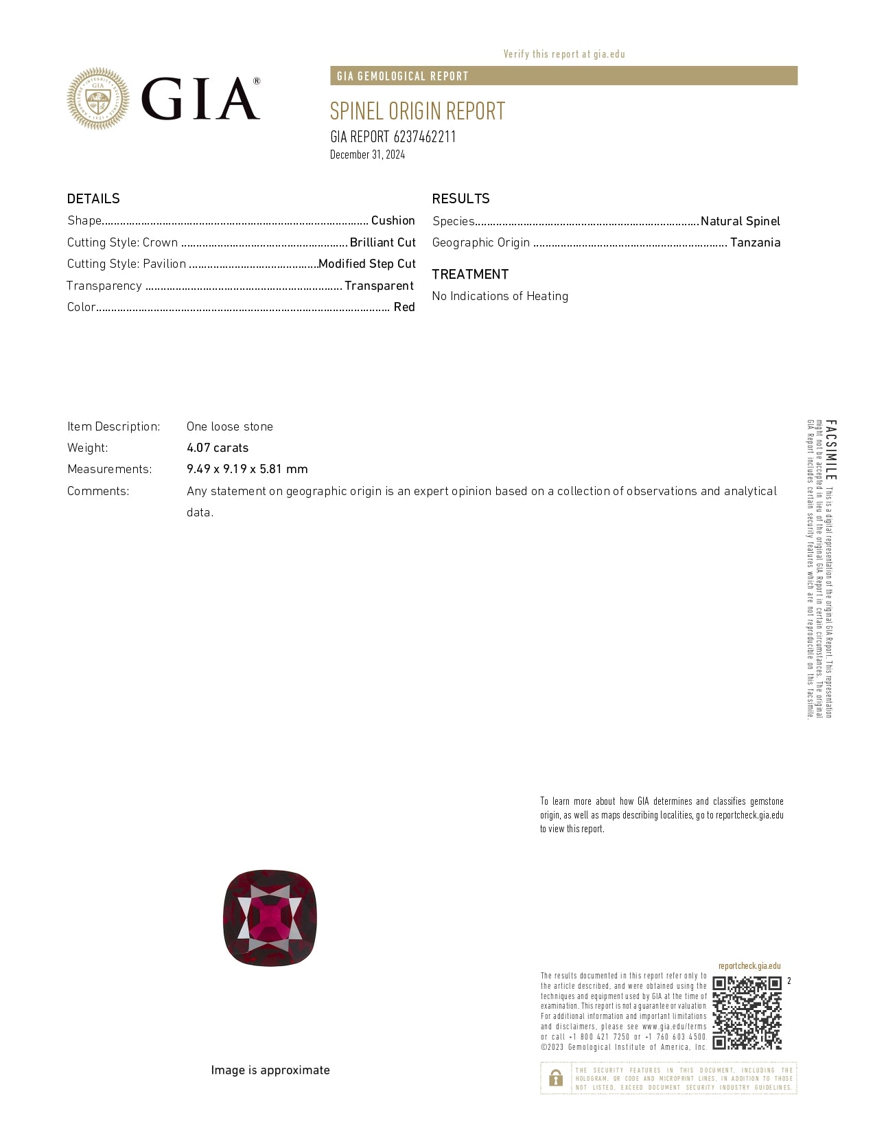 4.07 Spinel, Cushion Modified, Burma NH GIA