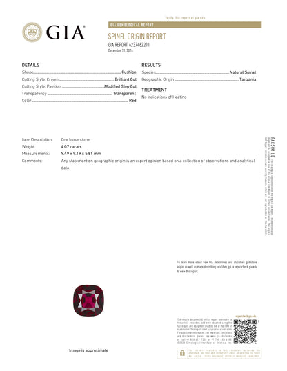 4.07 Spinel, Cushion Modified, Burma NH GIA
