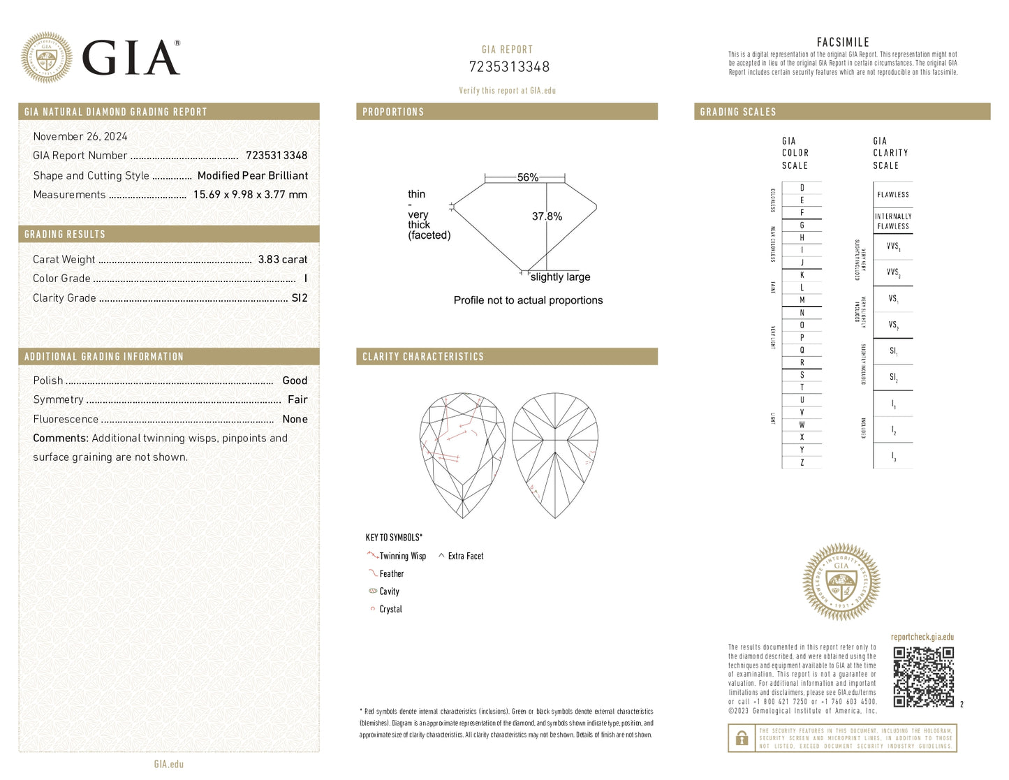 3.83 Pear Shape I SI2 GIA