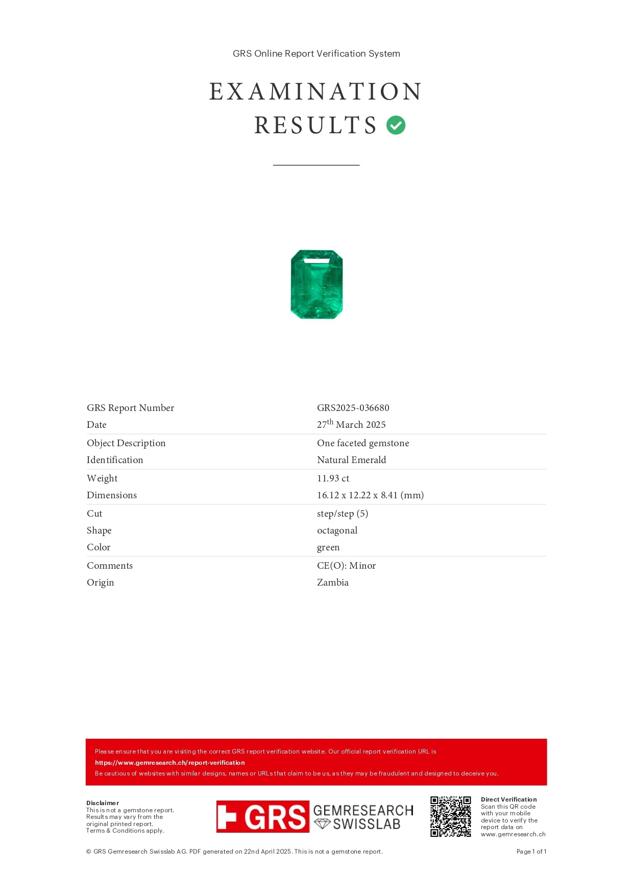 11.93 Emerald Octagonal Green Zambia GRS