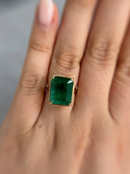 9.68 Emerald AGL in 18kt YG ring .60 ctw Halo (Colombian, Minor-Traditional)