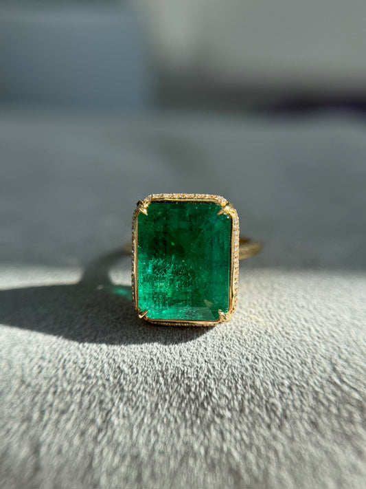 9.68 Emerald AGL in 18kt YG ring .60 ctw Halo (Colombian, Minor-Traditional)