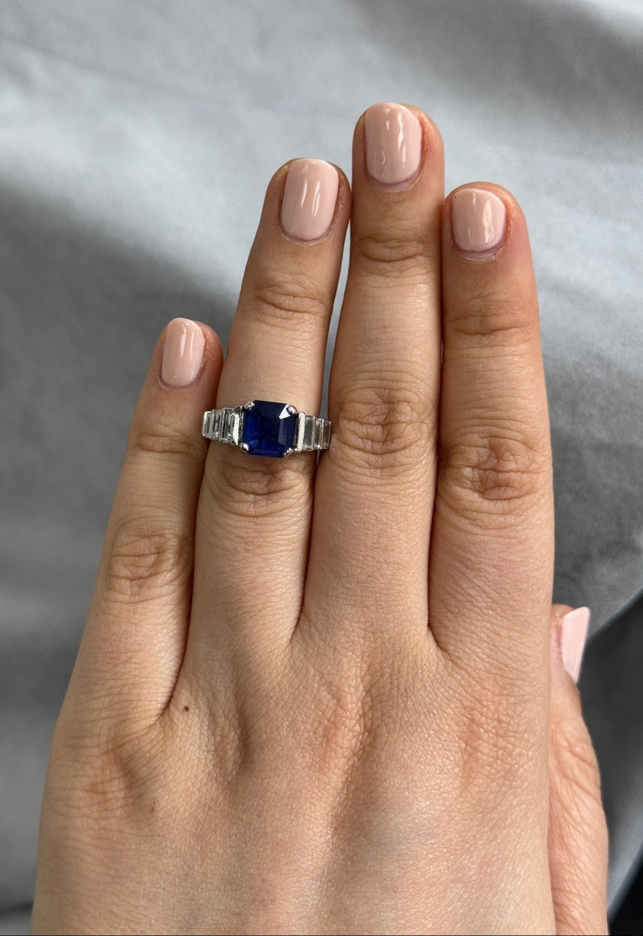 3.21ct Asscher Cut Sapphire Blue 0.80 ctw Emerald Cut Accents Platinum Vintage Cocktail Ring