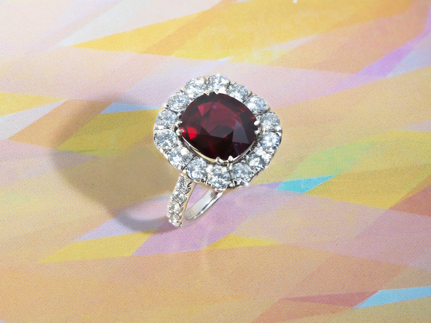 5.06 ct. Cushion Ruby Red Mozambique No Heat Ring GRS w Dia Halo 2.34CTW 26 Dia