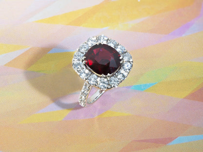 5.06 ct. Cushion Ruby Red Mozambique No Heat Ring GRS w Dia Halo 2.34CTW 26 Dia