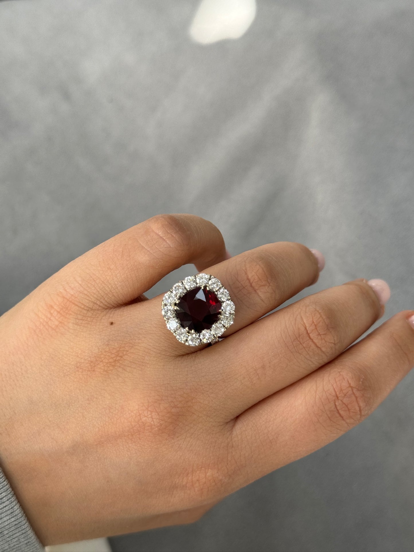 5.06 ct. Cushion Ruby Red Mozambique No Heat Ring GRS w Dia Halo 2.34CTW 26 Dia