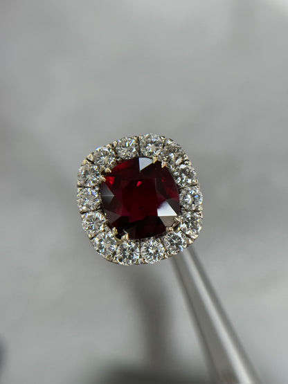5.06 ct. Cushion Ruby Red Mozambique No Heat Ring GRS w Dia Halo 2.34CTW 26 Dia