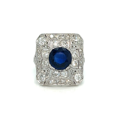 Edwardian 2.98 ct. Round Sapphire (AGL, No Heat) Cocktail Ring, Platinum