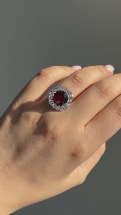 5.06 ct. Cushion Ruby Red Mozambique No Heat Ring GRS w Dia Halo 2.34CTW 26 Dia