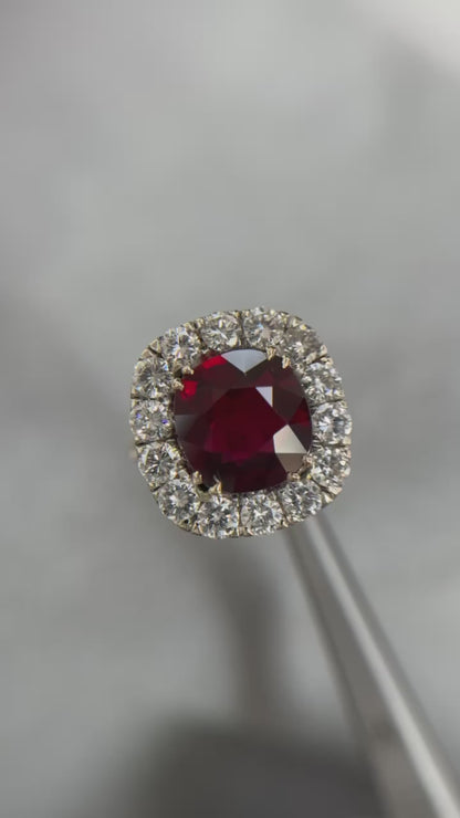 5.06 ct. Cushion Ruby Red Mozambique No Heat Ring GRS w Dia Halo 2.34CTW 26 Dia