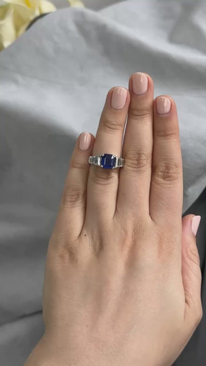 3.21ct Asscher Cut Sapphire Blue 0.80 ctw Emerald Cut Accents Platinum Vintage Cocktail Ring